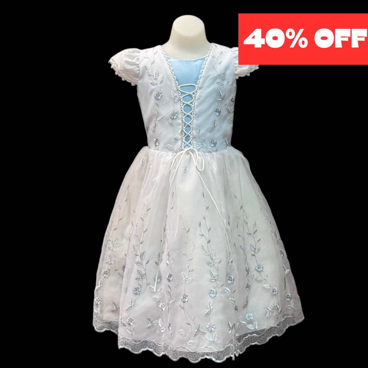 White & Lt. Blue Short Sleeve Dress w/ Floral Embroidery (Size 8)