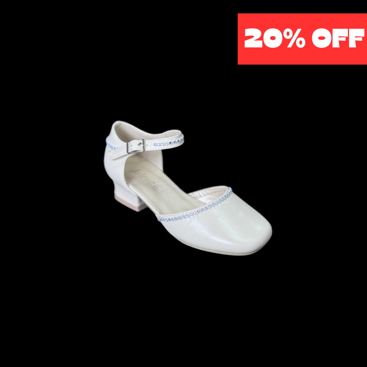 Jolene Girls’ Ivory Low-Heel Dress Shoe w/ Ankle Strap and Sparkle Trim