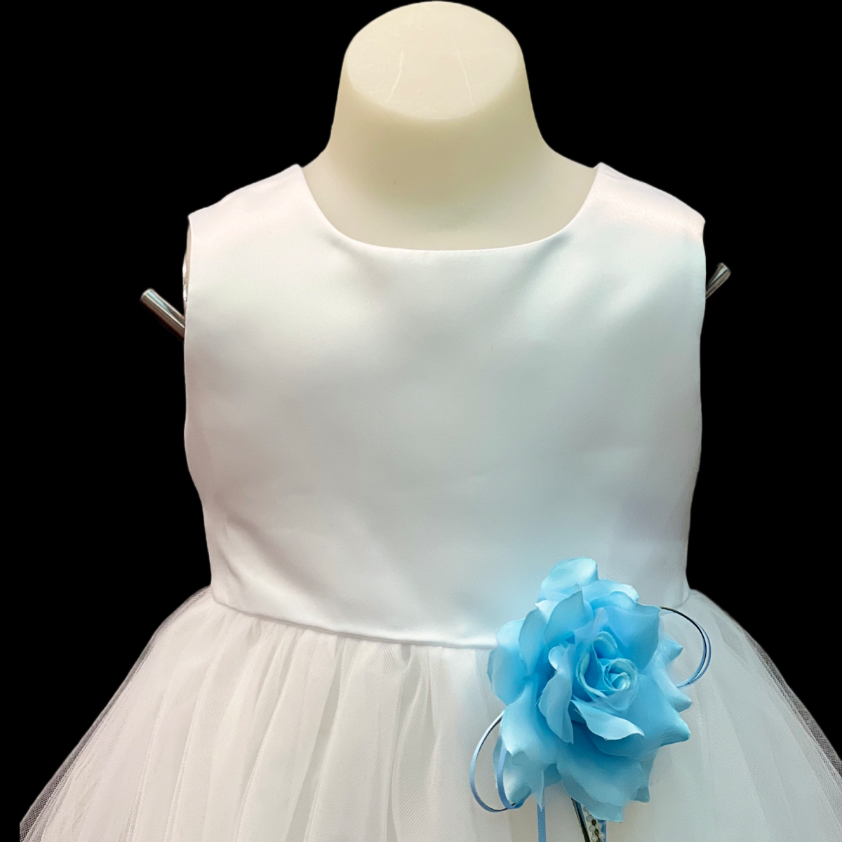 White Tea-Length Flower Girl Dress w/ Floating Organza Petals & Rosette Accent