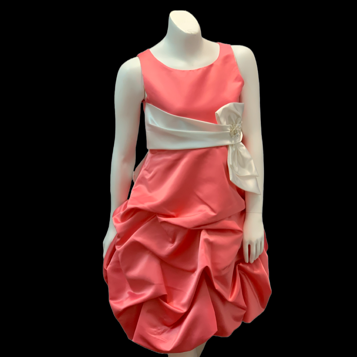 Tea-length Coral Satin Dress w/ Bow and Heart Brooch