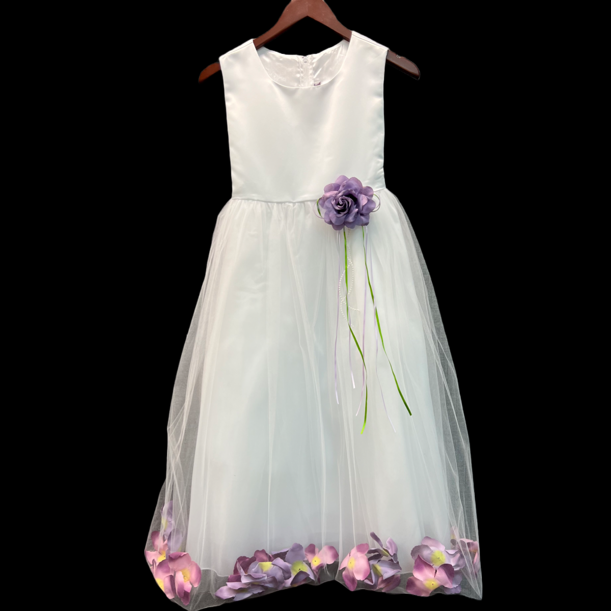 White Flower Girl Dress w/ Organza Tulle Floral Skirt