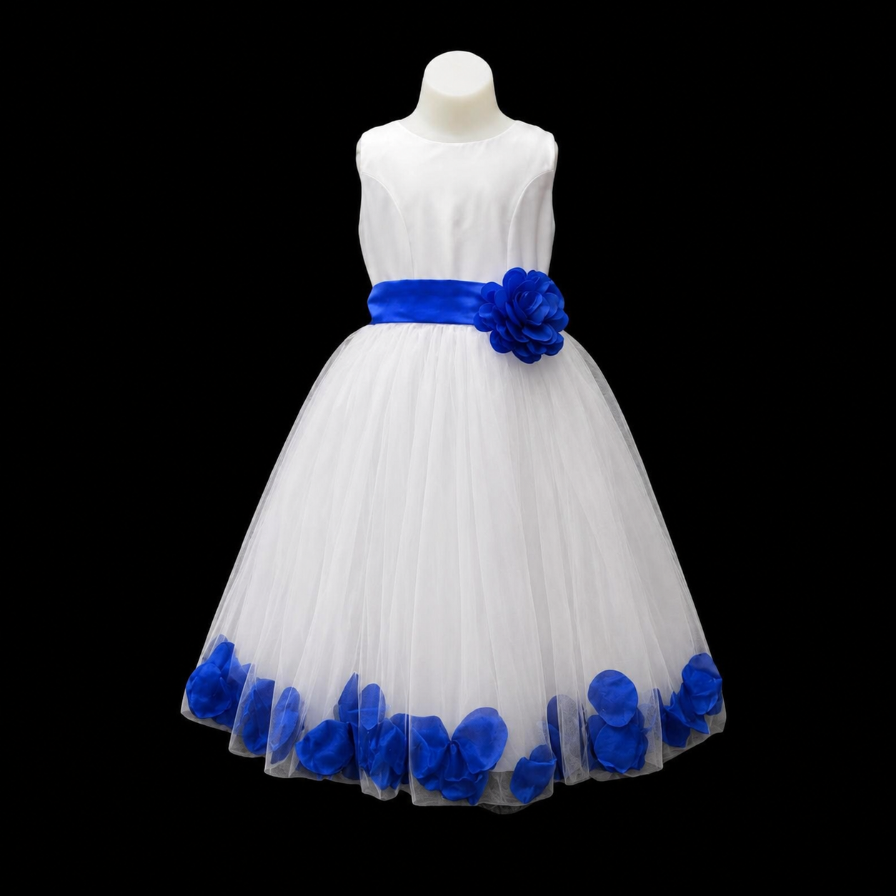 White Tea-Length Tulle Dress with Floral Coloured Petal Skirt & Rosette Waist Detail
