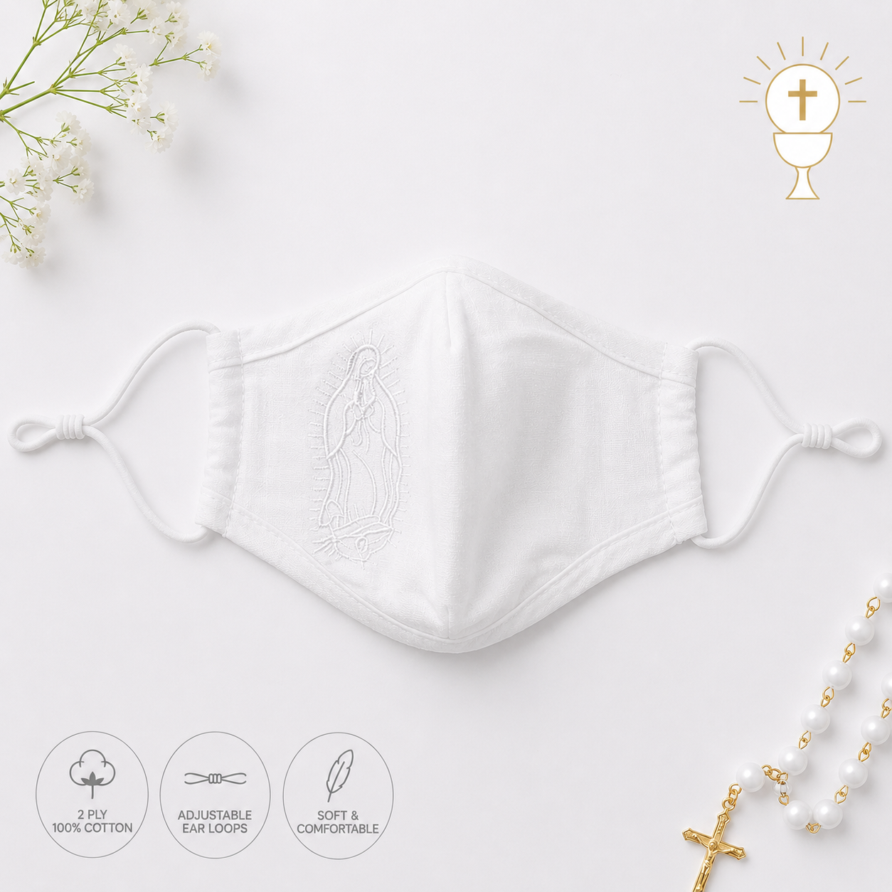 White First Communion Face Mask with Embroidered Hail Mary