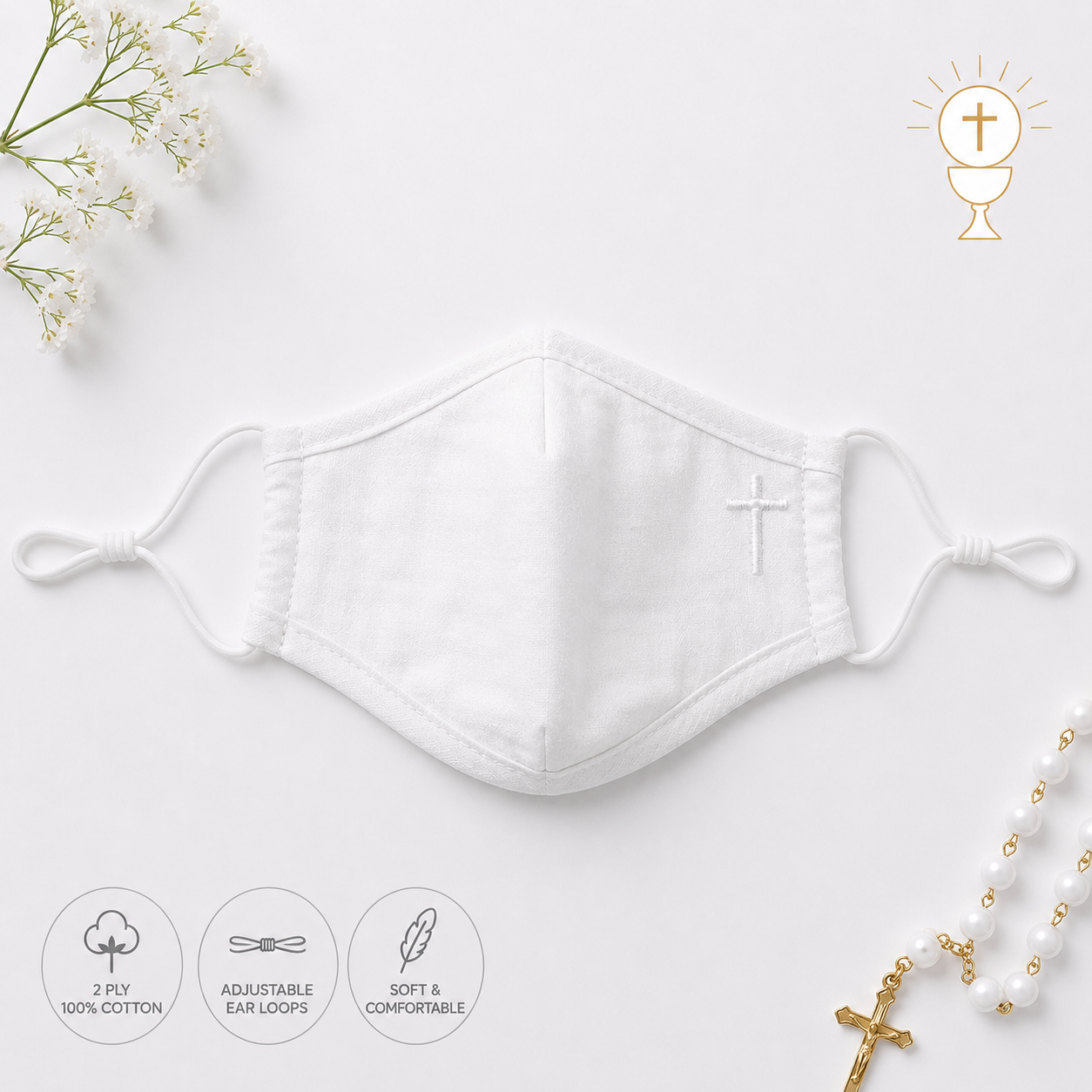 White First Communion Face Mask with Embroidered Cross