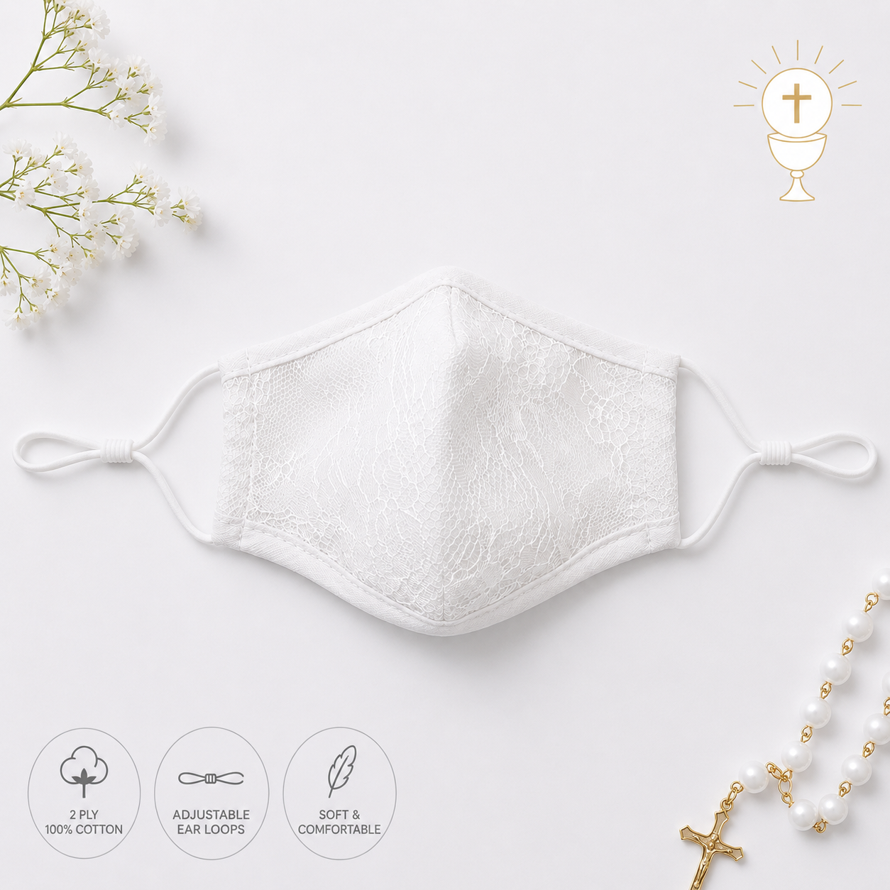 White First Communion Face Mask with Lace Overlay