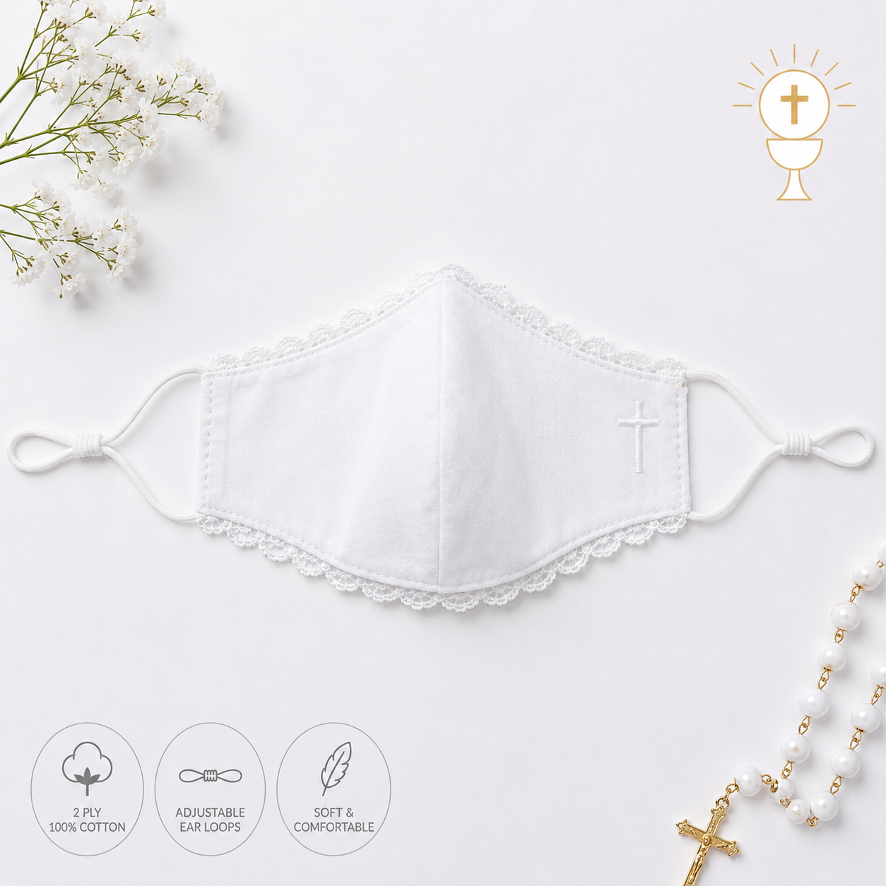 White First Communion Face Mask with Embroidered Cross & Lace Trim
