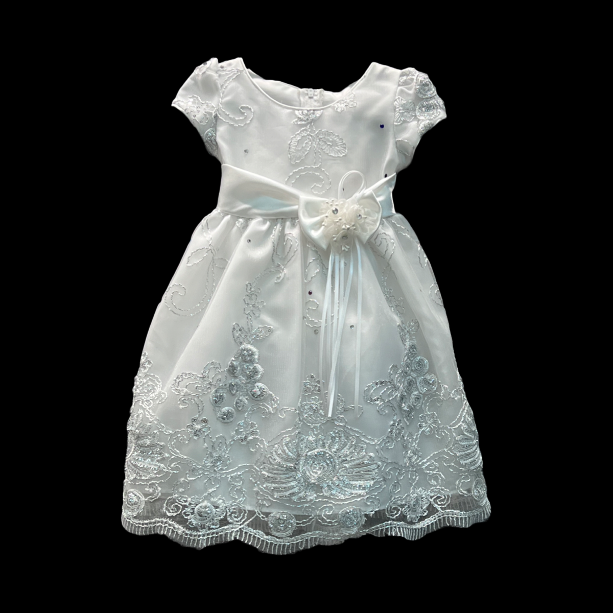 Cap Sleeve Embroidered White Bedazzled Baby Dress