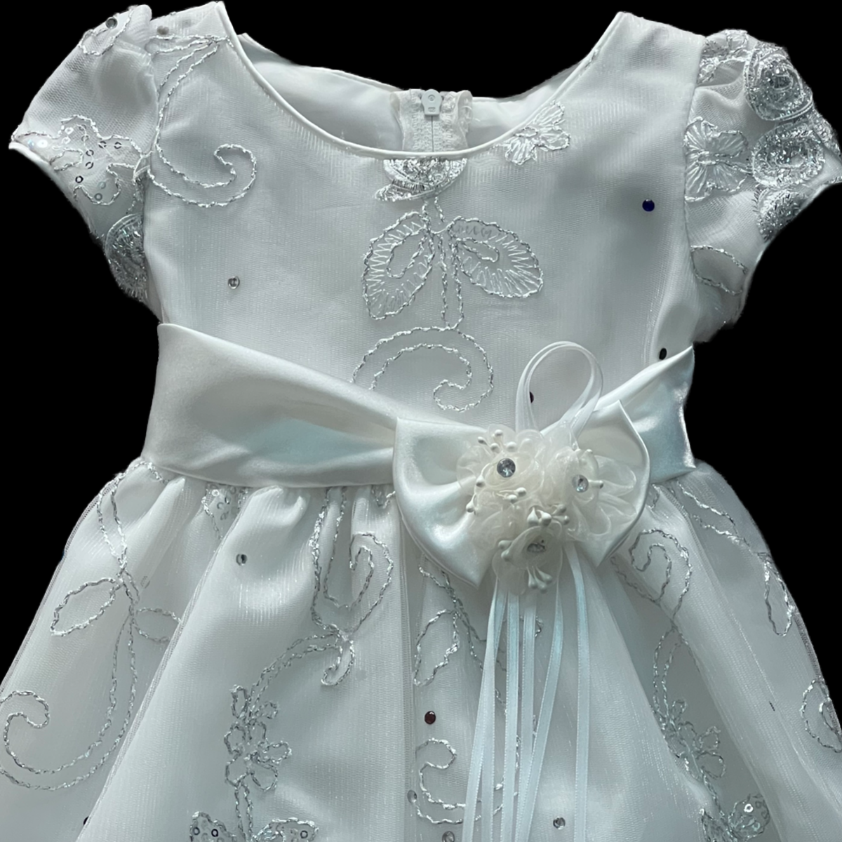 Cap Sleeve Embroidered White Bedazzled Baby Dress