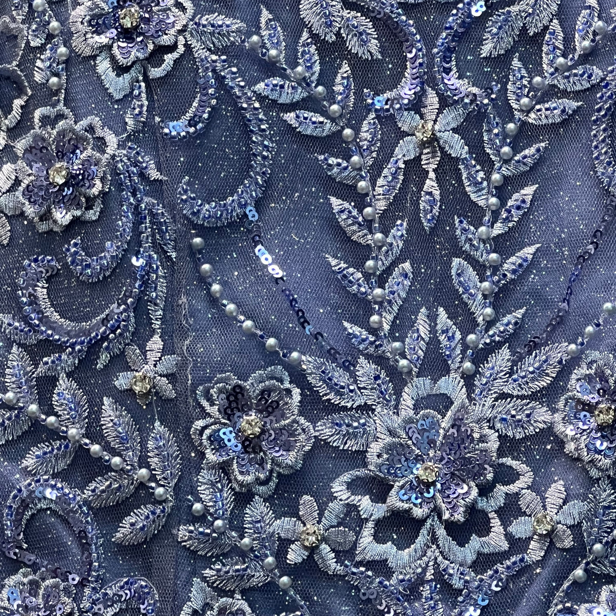 Dusty Blue Floral Lace Appliqué Glitter Tulle Dress with Lace-Up Back & Matching Shawl