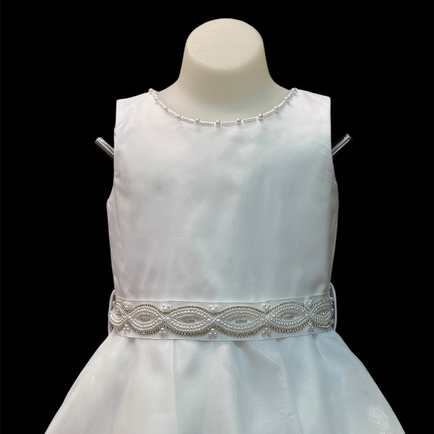 Sleeveless White Dress w/ Pearl Neckline & Organza Layered Skirt