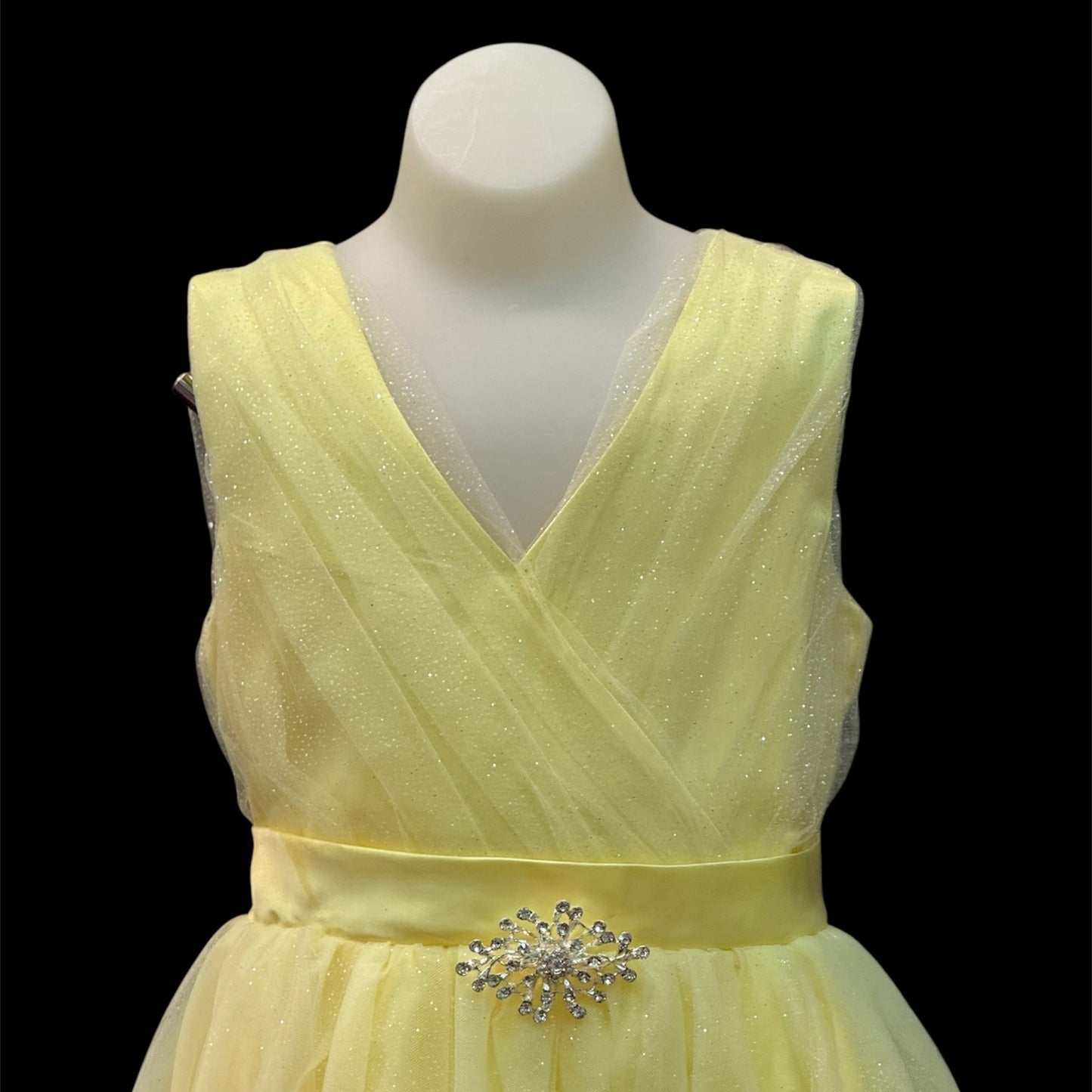Sleeveless Glitter V-Neck Tulle Yellow Dress w/ Rhinestone Brooch (Size 10)