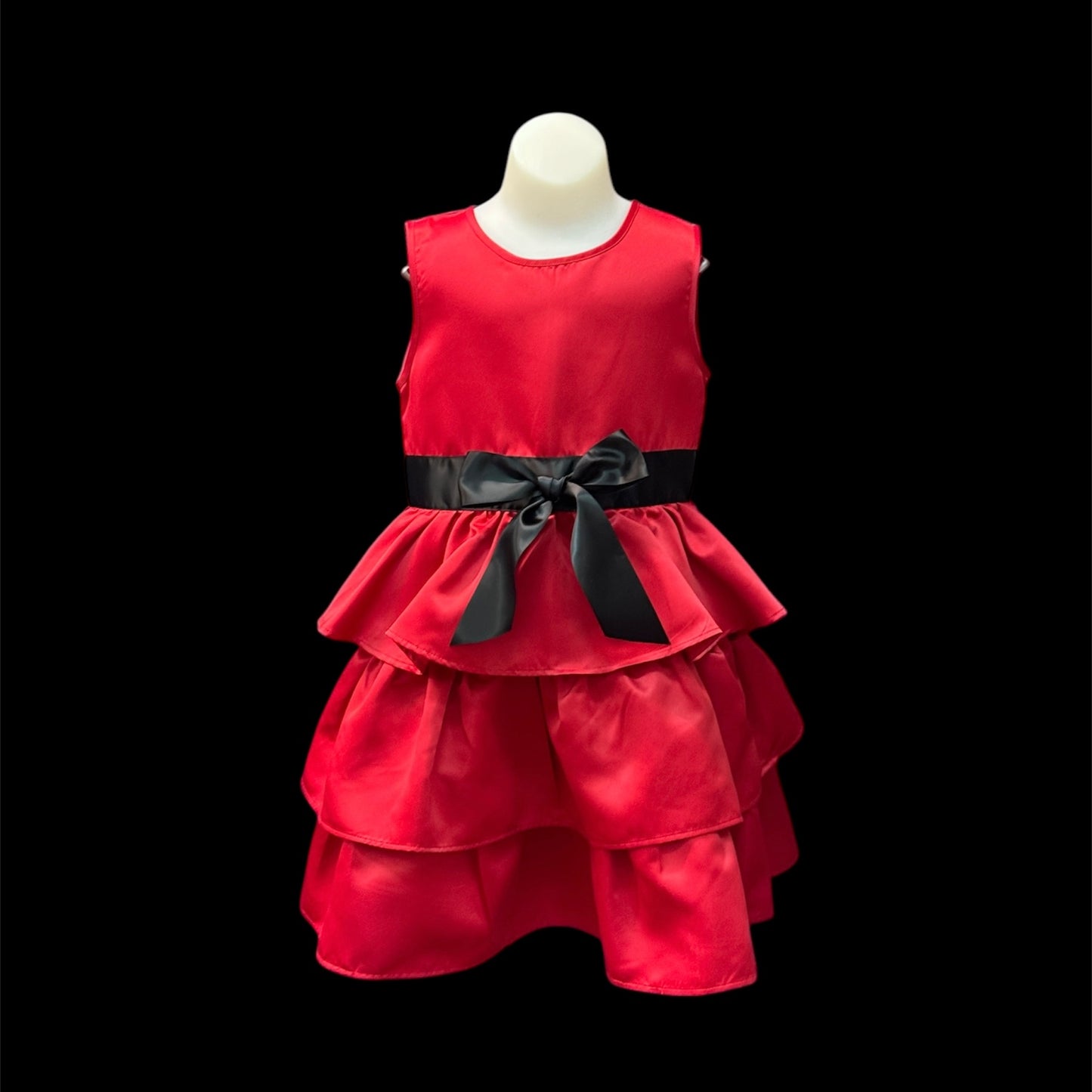 Elegant Red Tiered Dress with Black Sash & Bow
