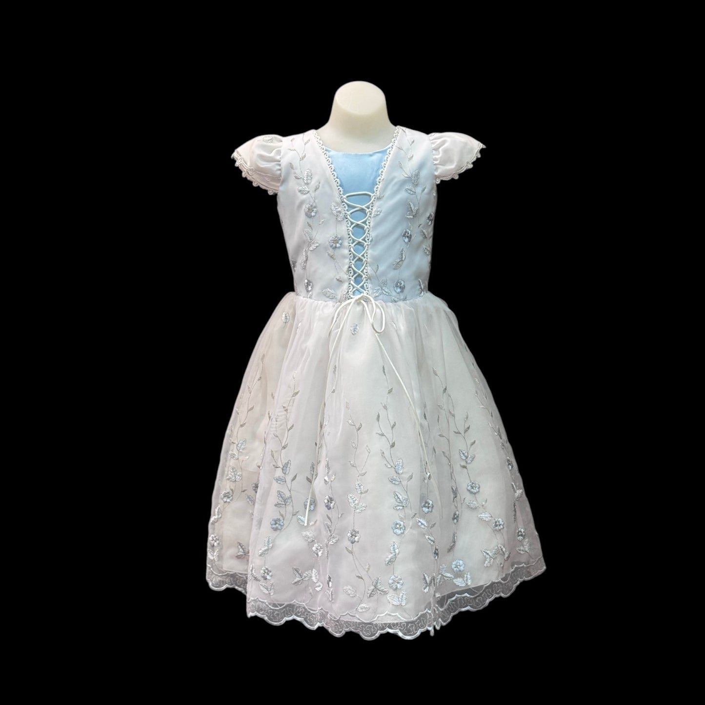 White & Lt. Blue Short Sleeve Dress w/ Floral Embroidery (Size 8)