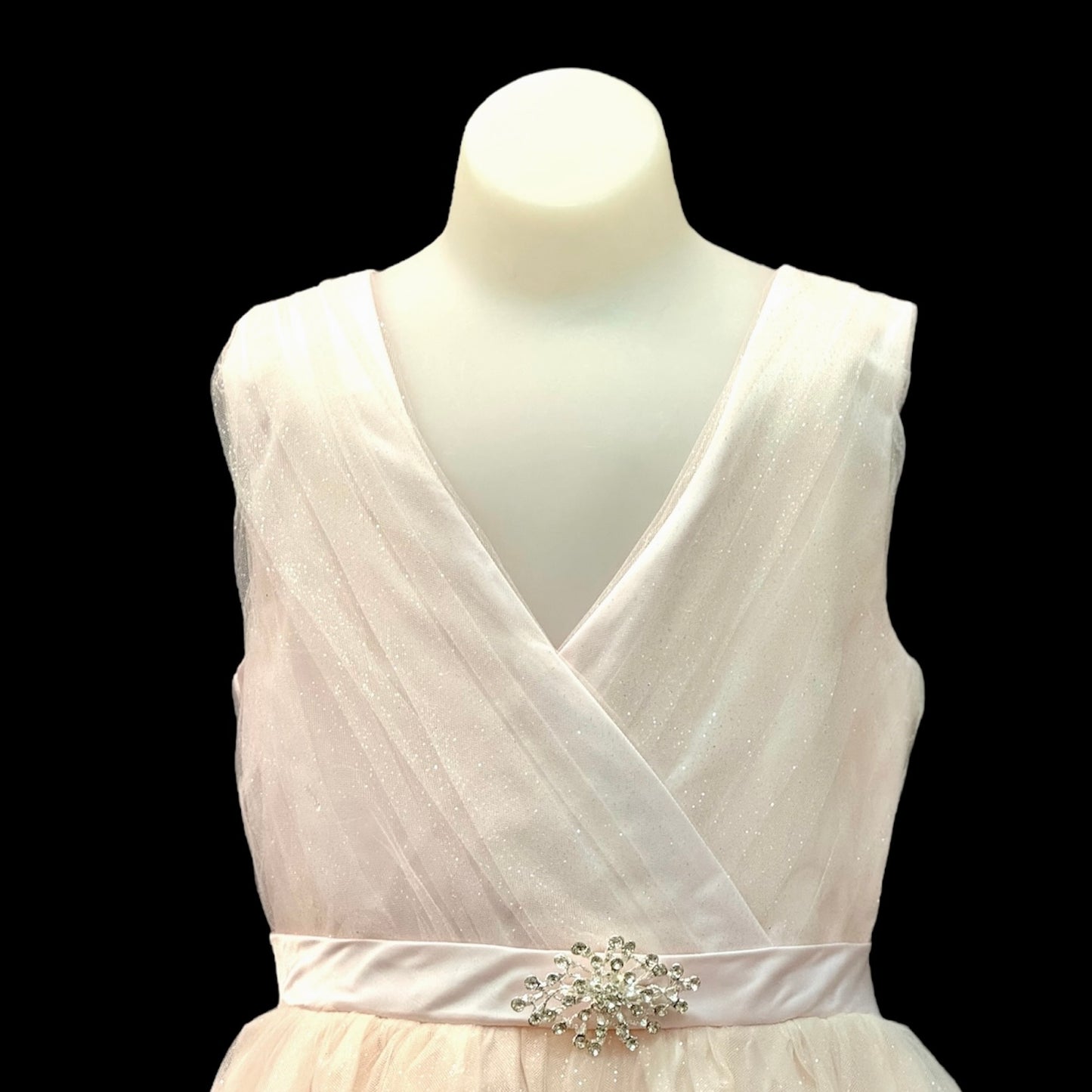 Sleeveless Glitter V-Neck Tulle Blush Dress w/ Rhinestone Brooch (Size 12)