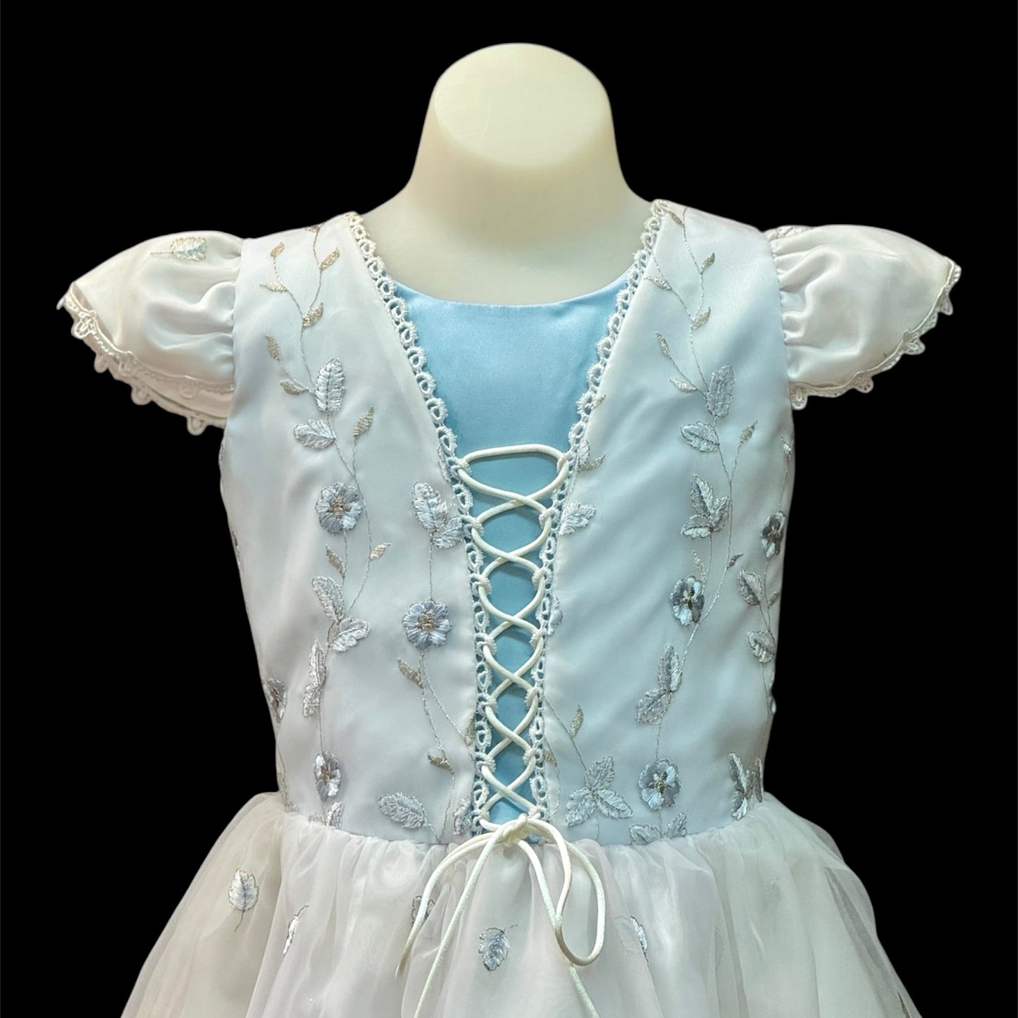 White & Lt. Blue Short Sleeve Dress w/ Floral Embroidery (Size 8)