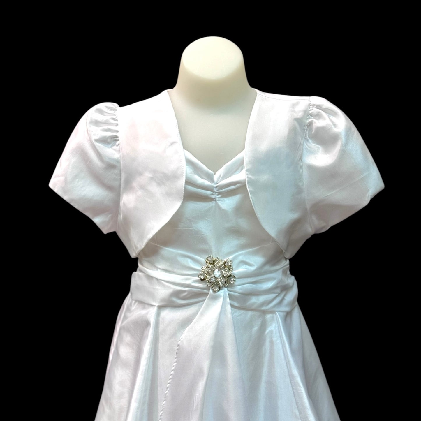Sleeveless White Satin Dress & Satin Bolero w/ Jewel-Encrusted Brooch (Size 10)