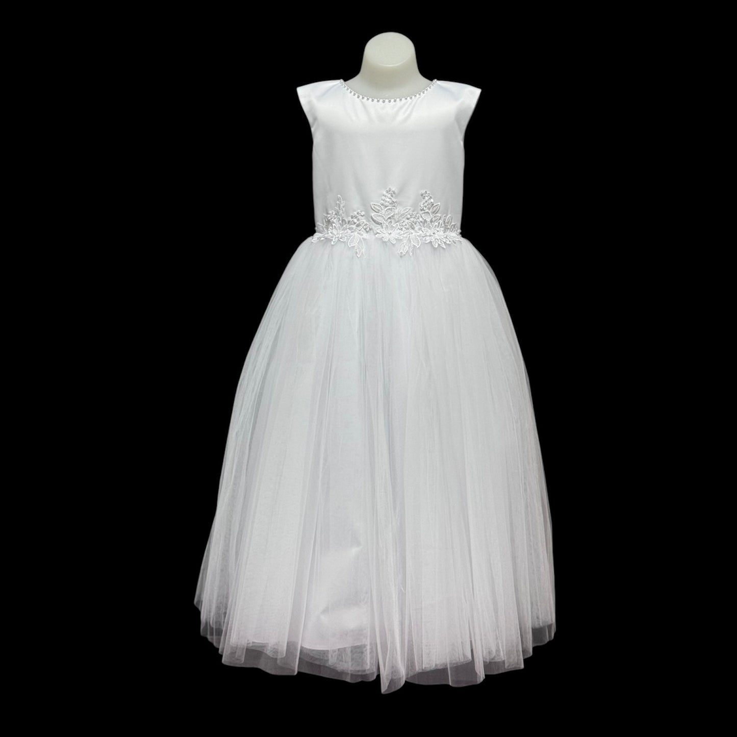 Cap Sleeve Floor-Length Dress w/ Pearl Neckline & Embroidered Waist