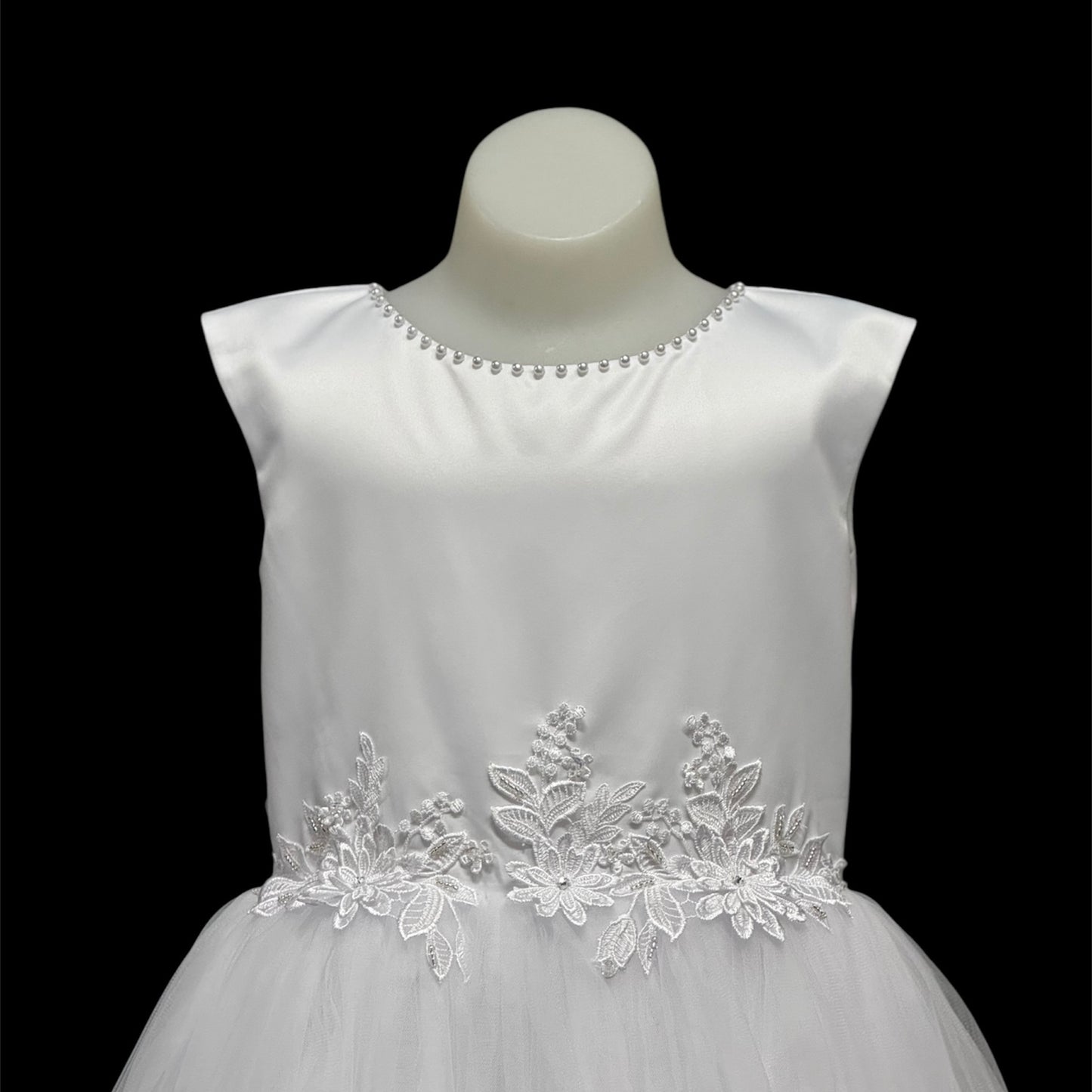 Cap Sleeve Floor-Length Dress w/ Pearl Neckline & Embroidered Waist