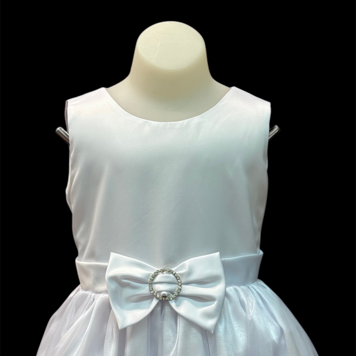 Sleeveless White Dress w/ Bow and Rhinestone Accent
