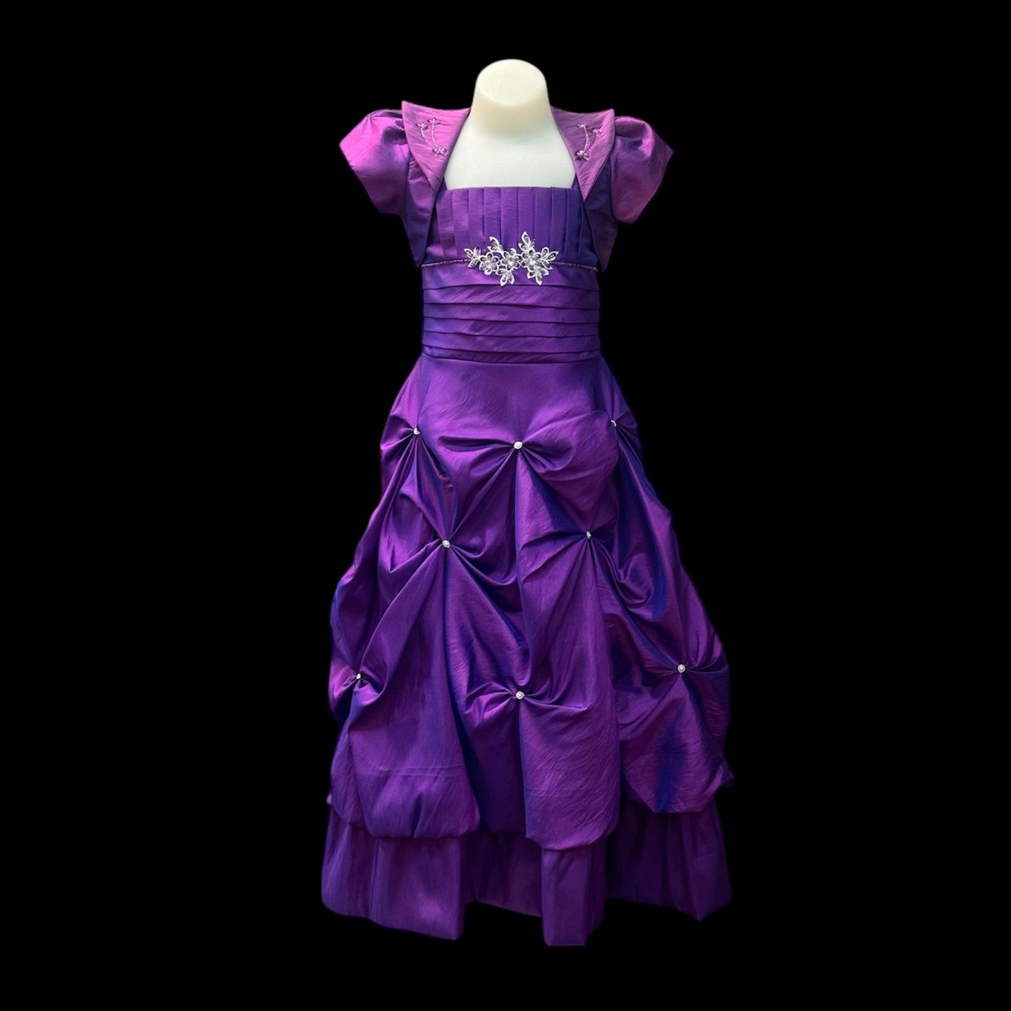 Sleeveless Purple Ruched Satin Dress & Satin Bolero
