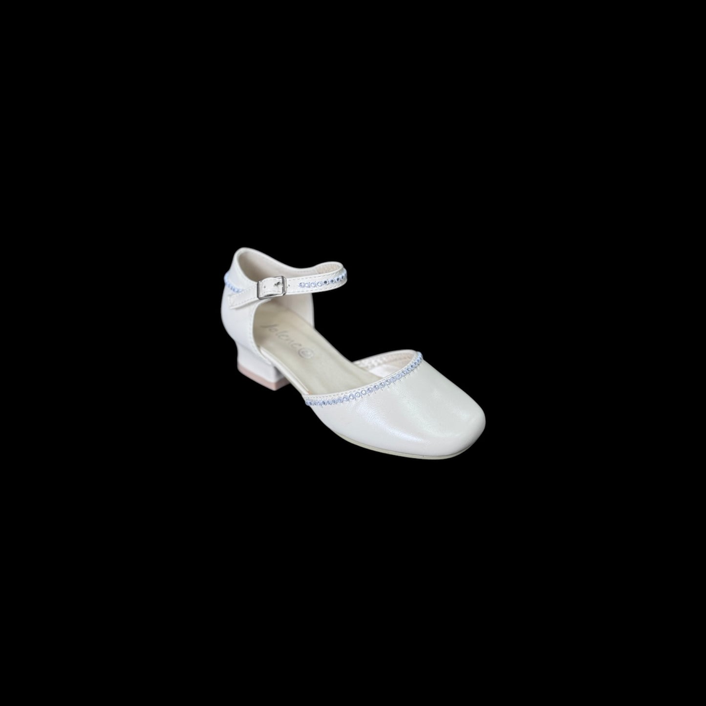 Jolene Girls’ Ivory Low-Heel Dress Shoe w/ Ankle Strap and Sparkle Trim
