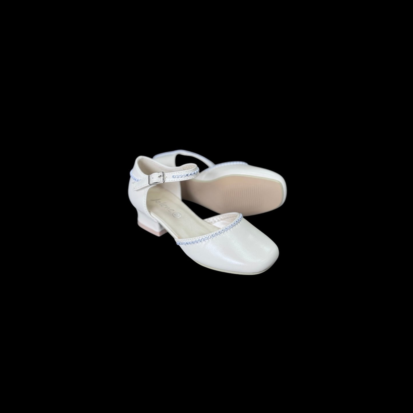 Jolene Girls’ Ivory Low-Heel Dress Shoe w/ Ankle Strap and Sparkle Trim