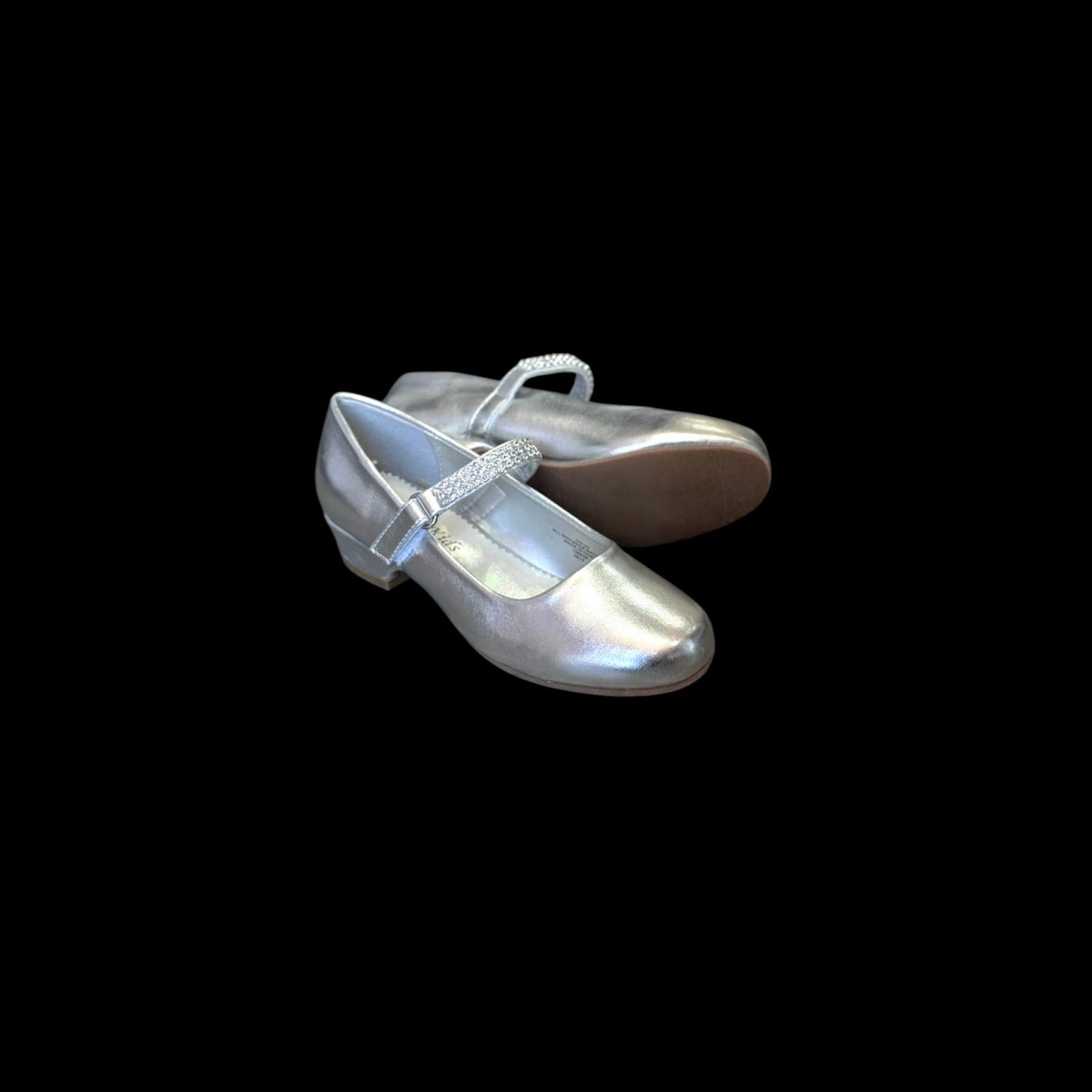 Fancy Kids Elegant Rhinestone Strap Silver Dress Shoe w/ Small Heel