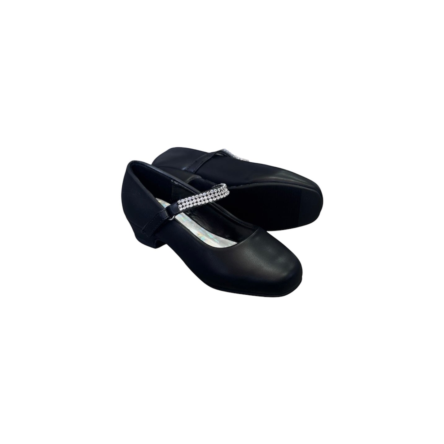Fancy Kids Elegant Rhinestone Strap Black Dress Shoe w/ Small Heel