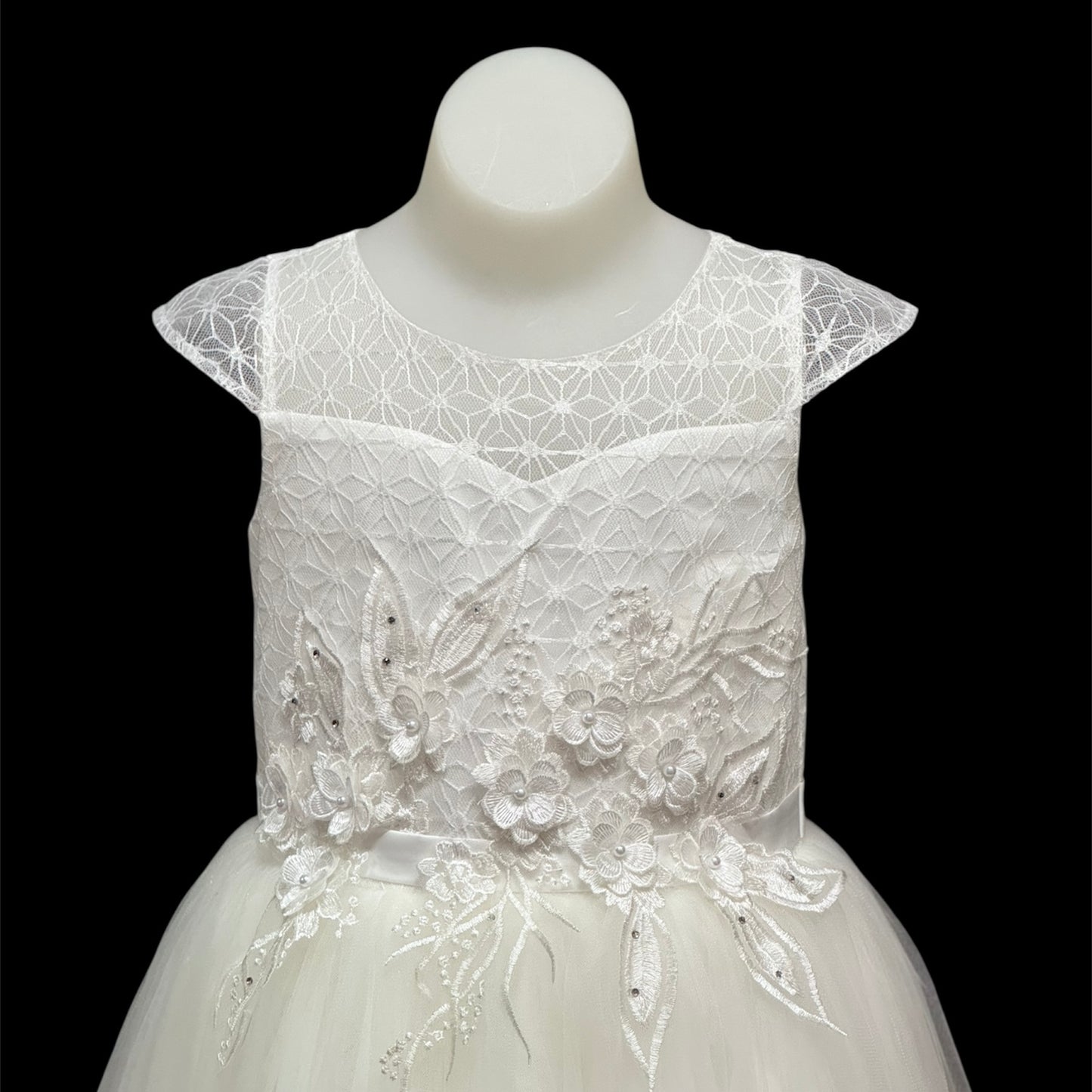 Ivory Cap Sleeve Dress w/ Lace and Floral Embroidered Bodice