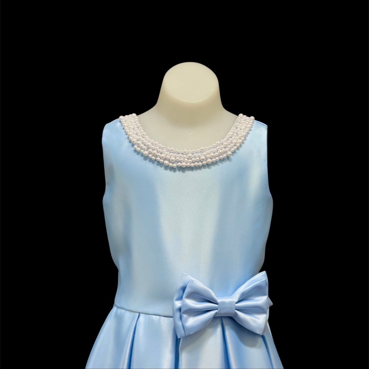 Elegant Light Blue Pearl-Neckline Dress w/ Double Bow Accent