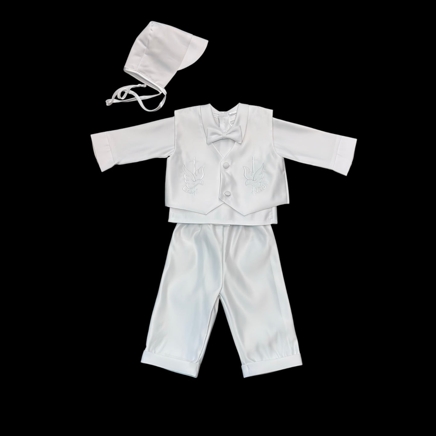 Embroidered Dove and Cross 3-Piece Baptism Suit w/ Hat