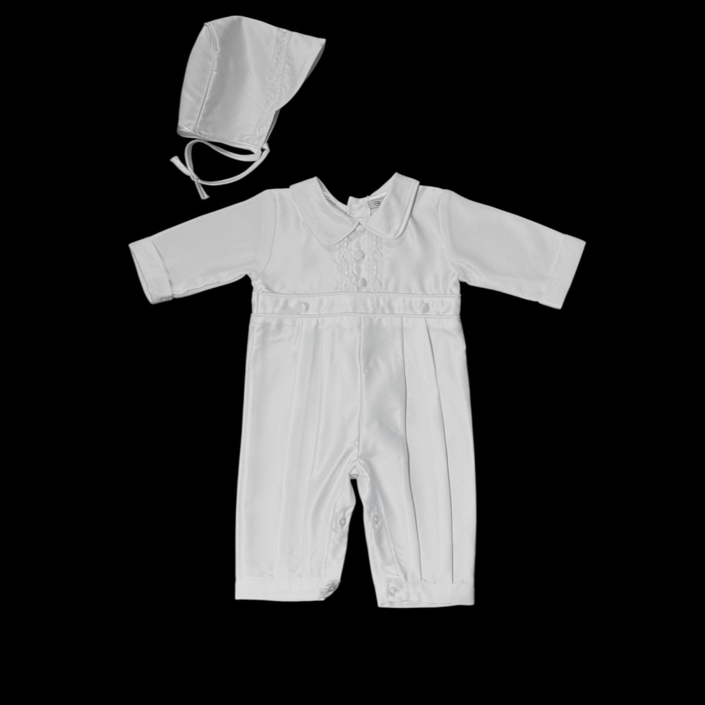Classic One-Piece Christening Romper w/ Matching Hat