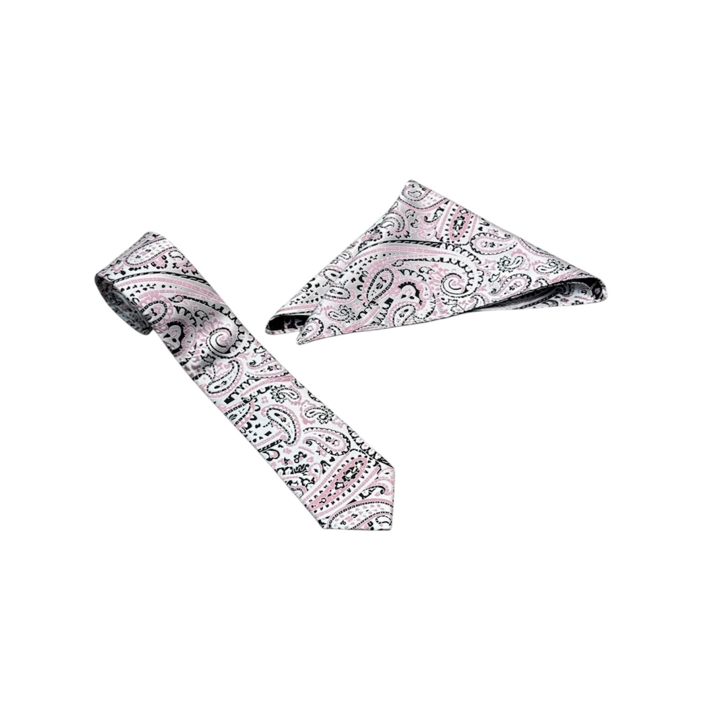Pink, White & Black Paisley Mens Necktie & Pocket Square