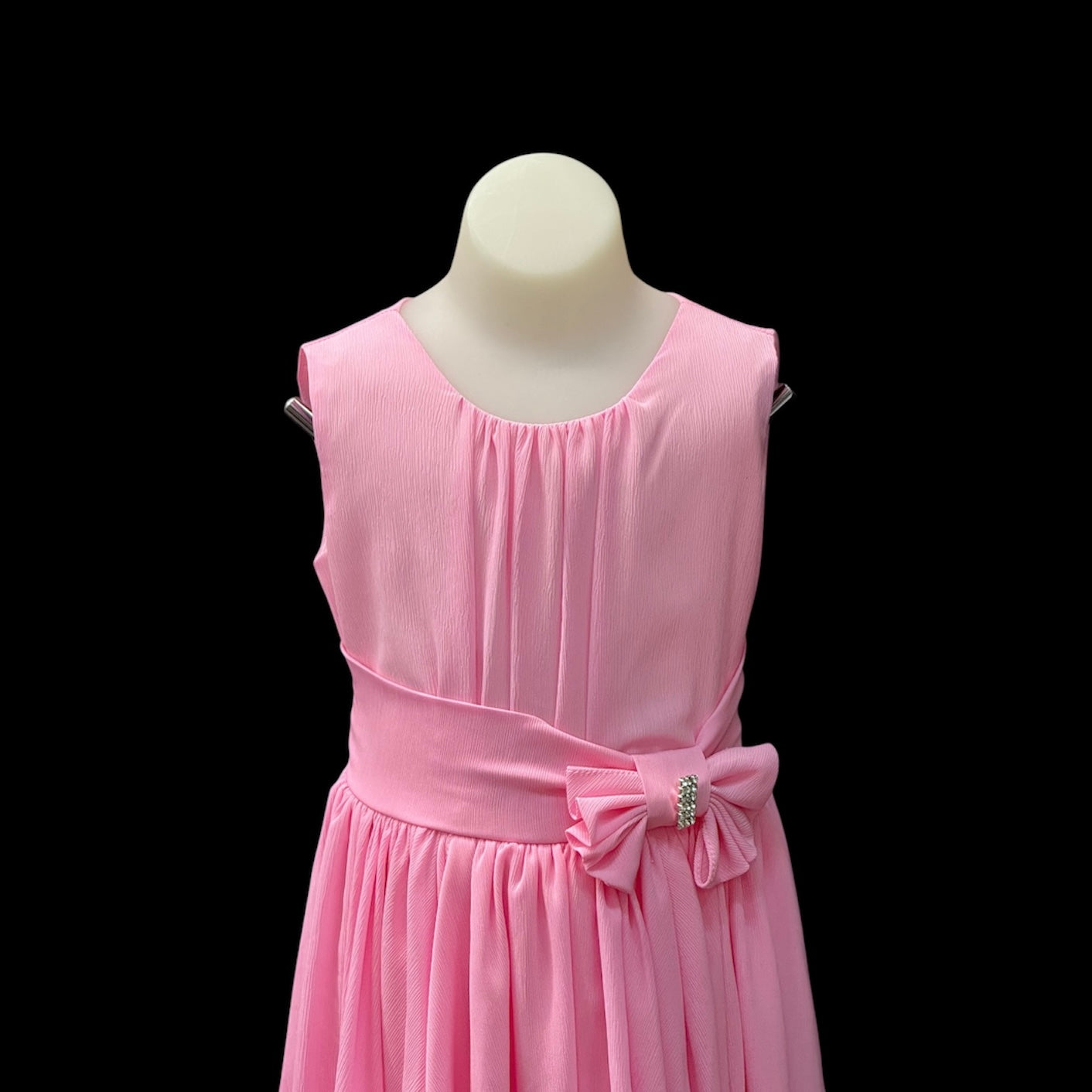 Sleeveless Pink Dress w/ Cascading Ruffle Skirt & Rhinestone Bow