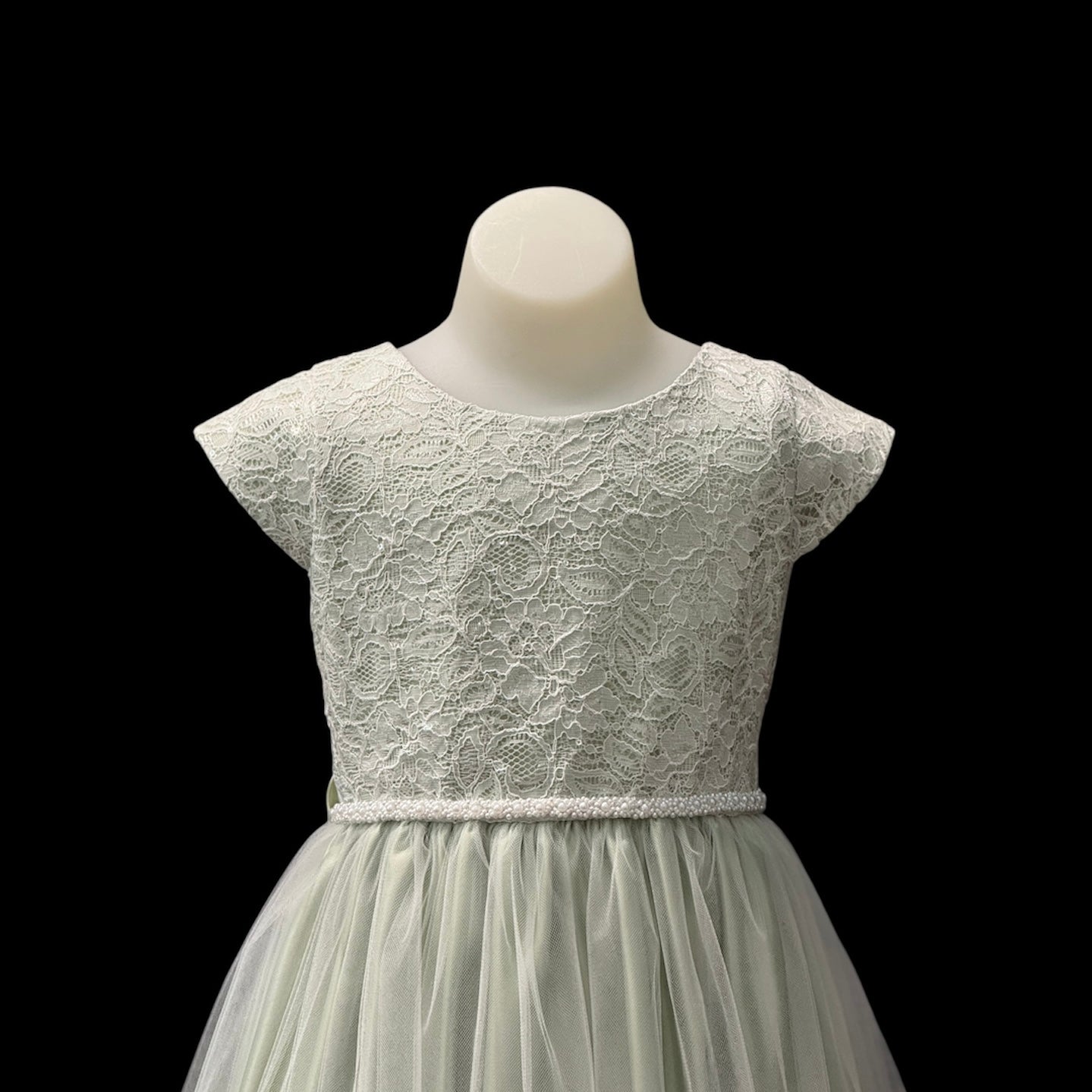 Sequin Lace Sage Tea-length Dress w/ Pearl Waist & Tulle Skirt