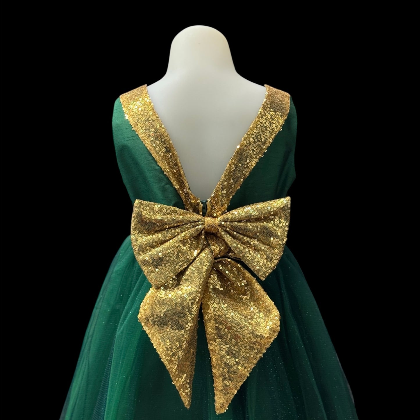Emerald Green Tulle Party Dress w/ Gold Sequin Bow