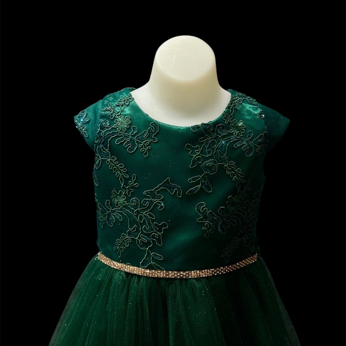 Cap Sleeve Emerald Green Floral Embroidered Tulle Dress w/ Rhinestone Belt