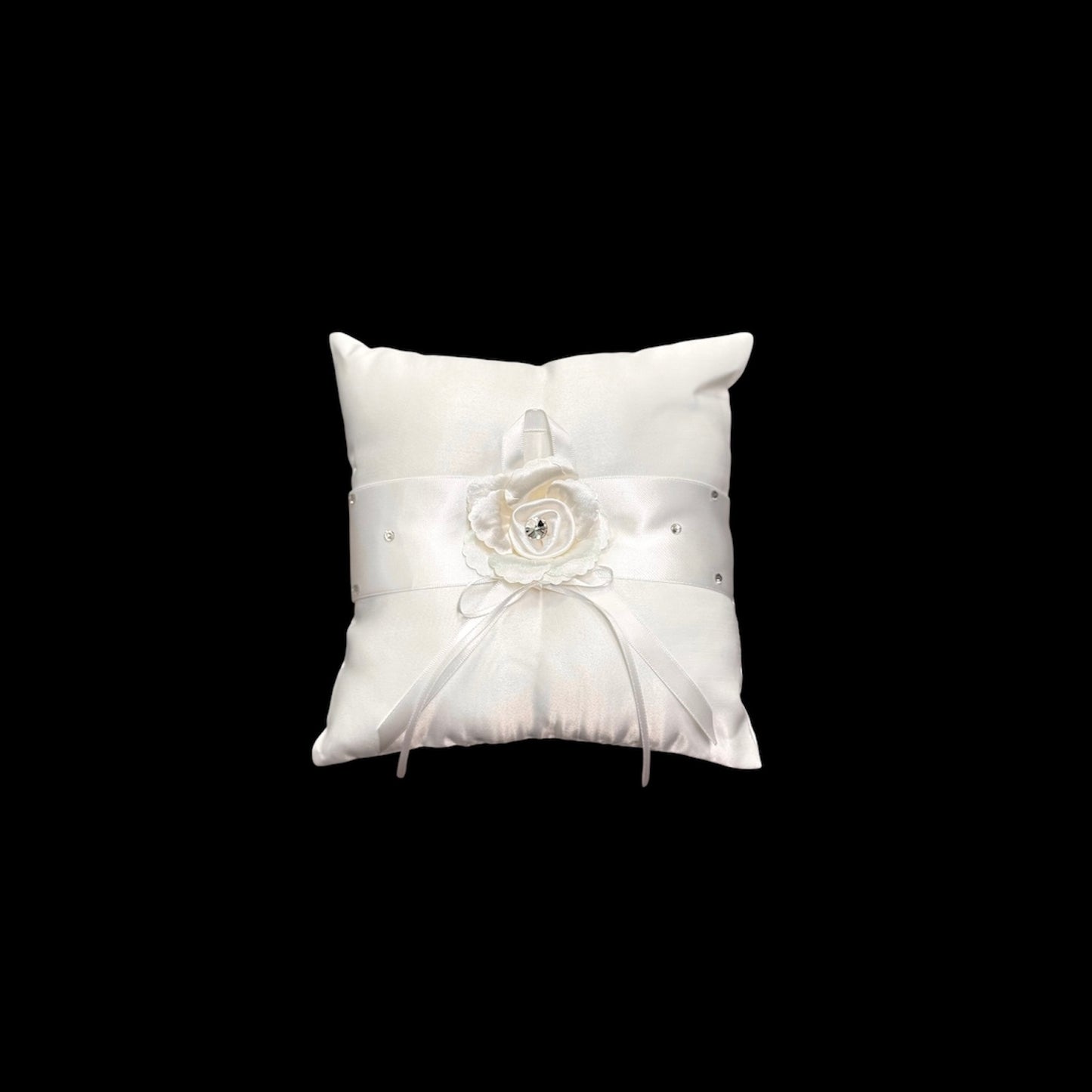 Ivory Satin Ring Bearer Pillow w/ Rhinestone Accents & Floral Detail