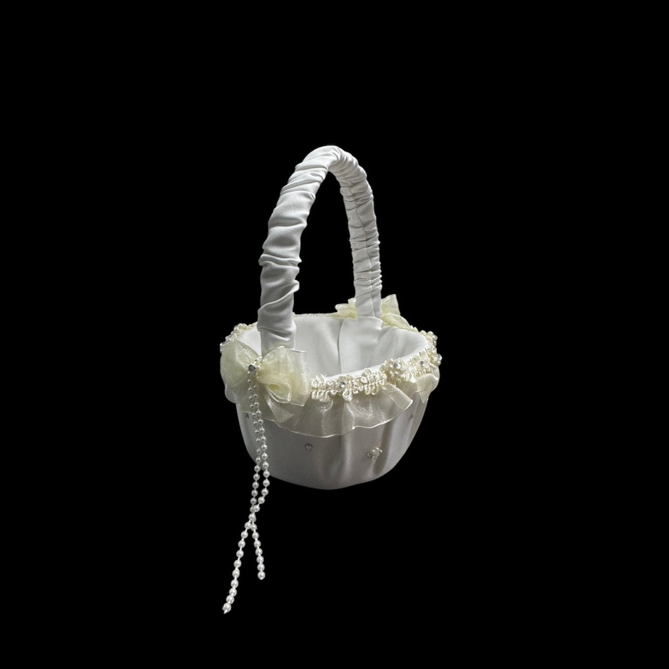 Ivory Flower Girl Basket with Pearls & Rhinestones – Elegant Wedding Flower Basket