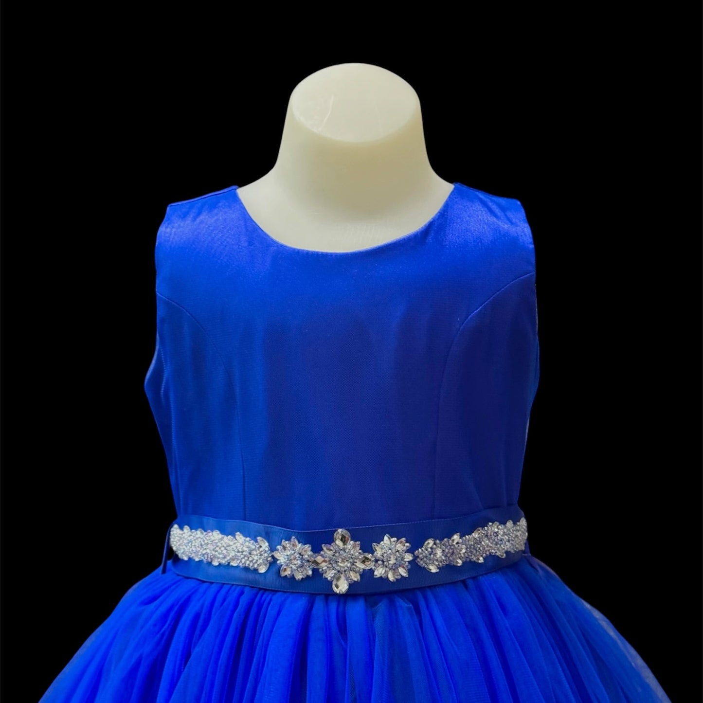 Sleeveless Royal Blue Dress w/ Rhinestone and Beaded Sash