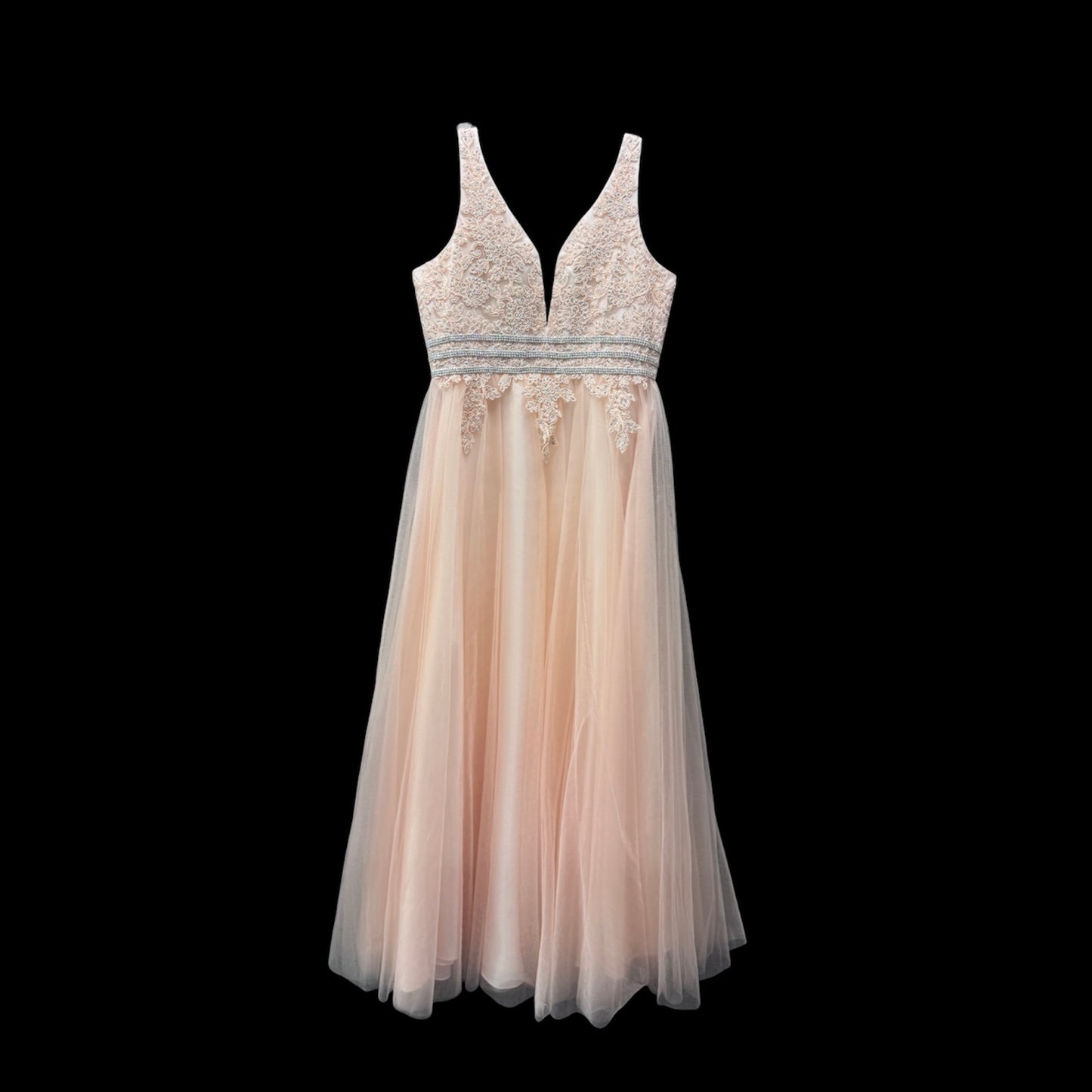 Dusty Pink Embroidered Illusion Bodice Tulle Gown with Triple Rhinestone Waist Detail