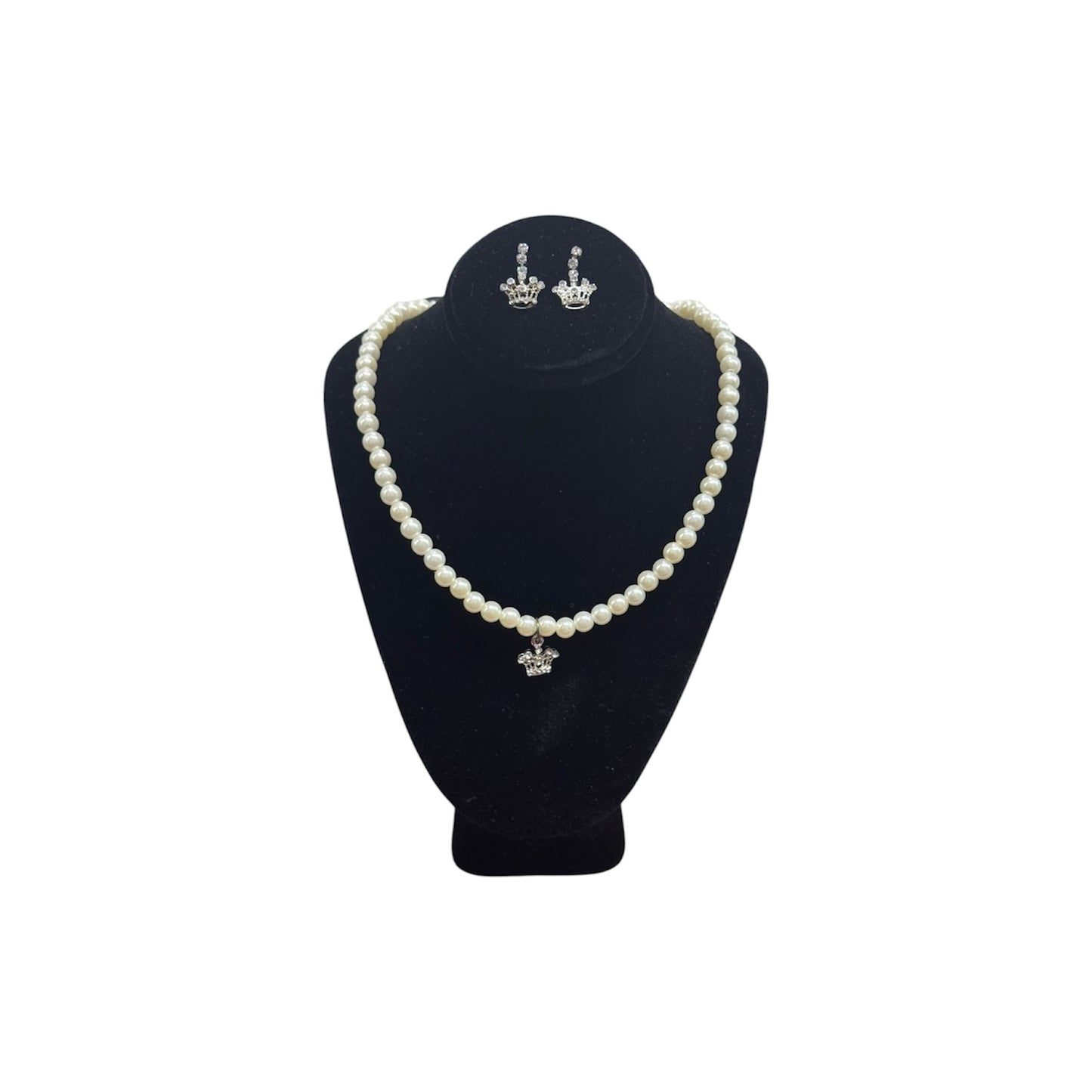 Jolene Pearl Necklace, Earrings and Bracelet Set w/ Rhinestone Crown Pendant