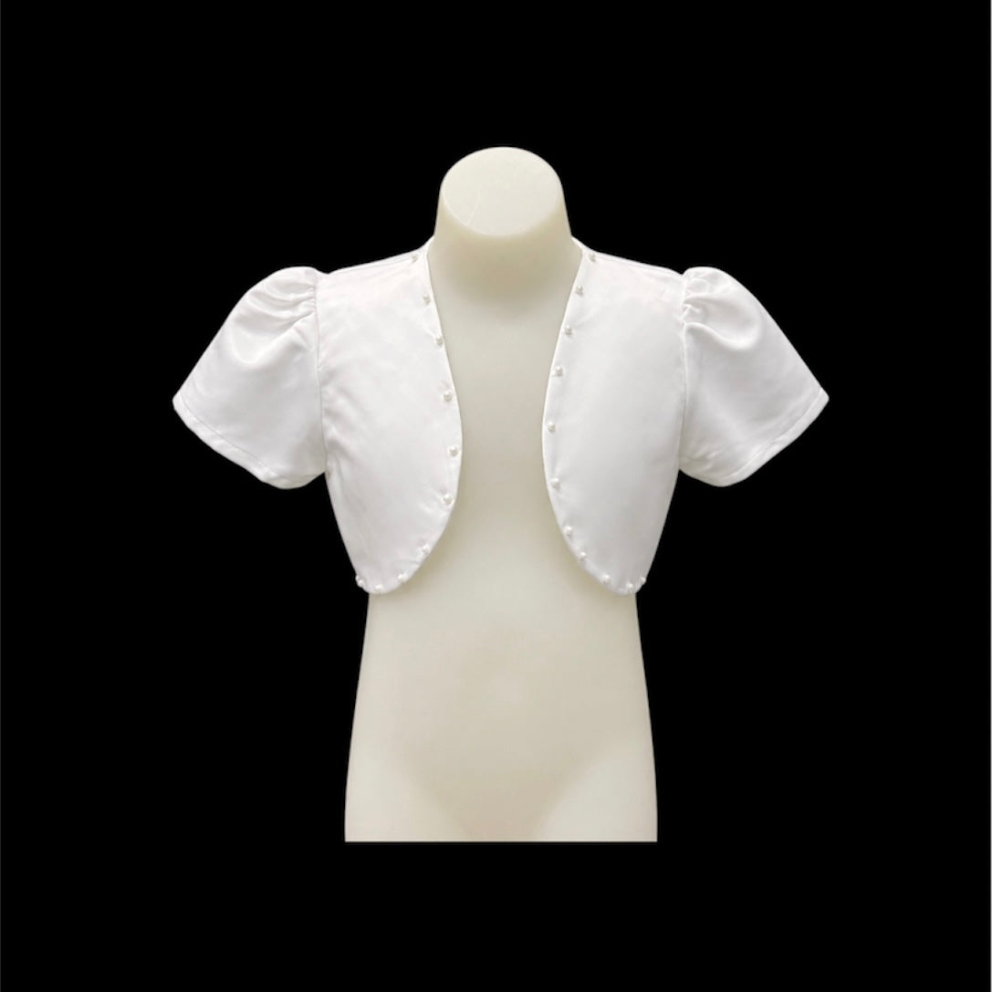StarDream White Satin Puff Sleeve Bolero with Pearl Trim