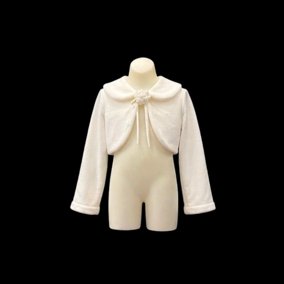 Kids Dream Long Sleeve White Fleece Bolero with Ribbon Tie & Floral Accent