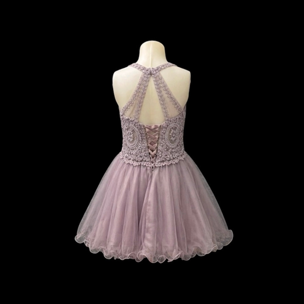Mauve Lace Appliqué Knee-Length Dress with Lace-Up Back