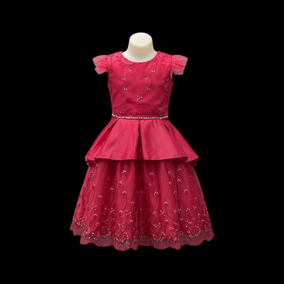 Fuchsia Satin Embroidered Dress W/ Sequin & Rhinestone Accents