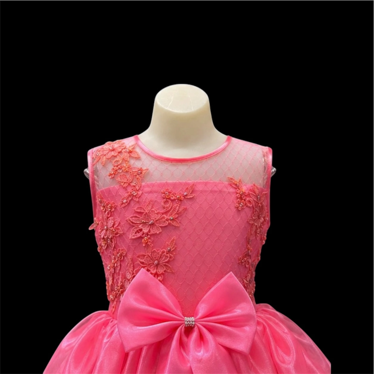 Coral Floral Embroidered Tulle Dress with Sequin & Beaded Bodice and Bow