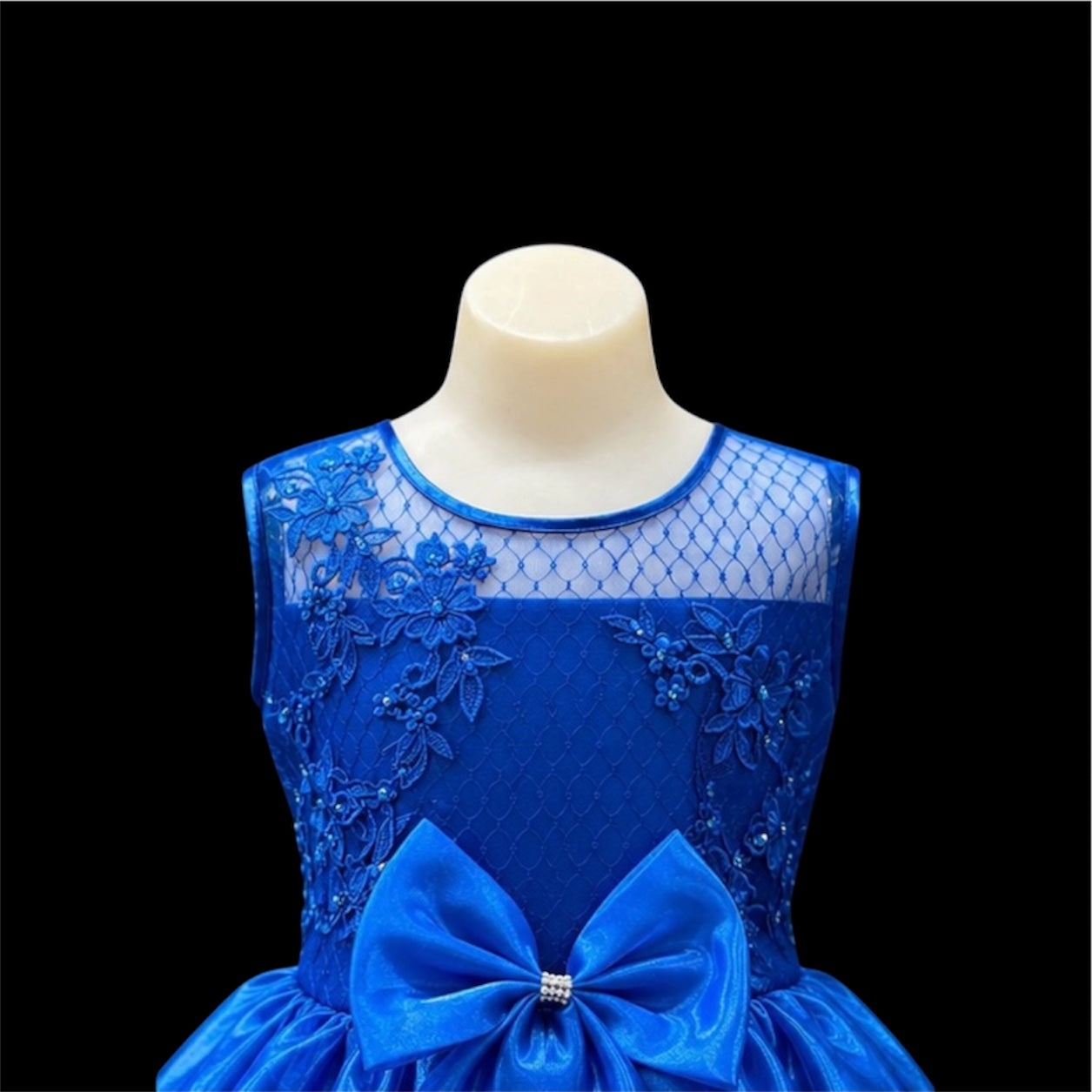Royal Blue Floral Embroidered Tulle Dress with Sequin & Beaded Bodice and Bow