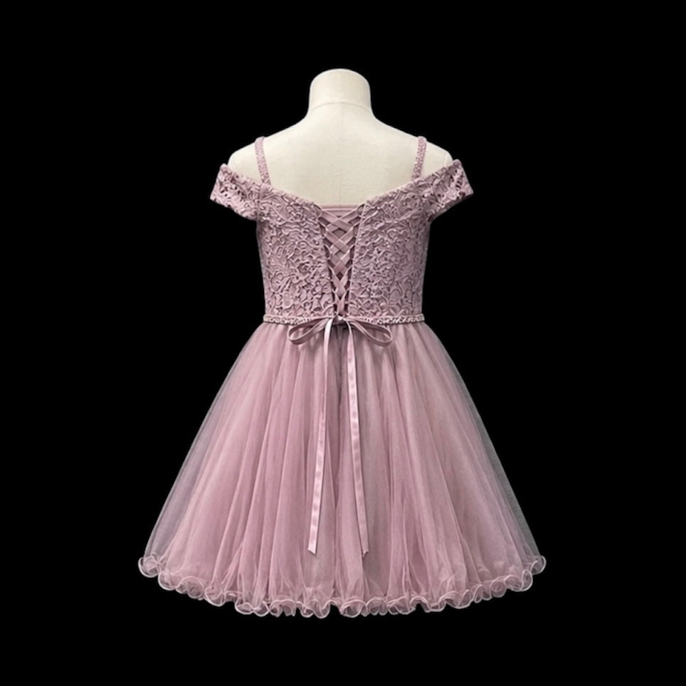 Mauve Off-the-Shoulder Lace Jr. Grad Dress with Tulle Skirt & Rhinestone Waist (L)