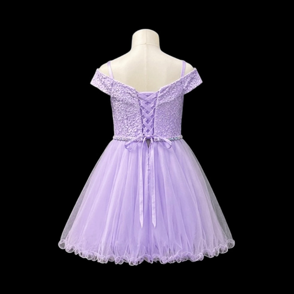 Lavender Off-the-Shoulder Lace Jr. Grad Dress with Tulle Skirt & Rhinestone Waist (M)